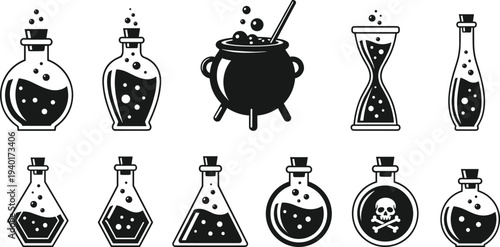 Magic potion bottles and witch cauldron icons set fantasy alchemy vector illustration collection
