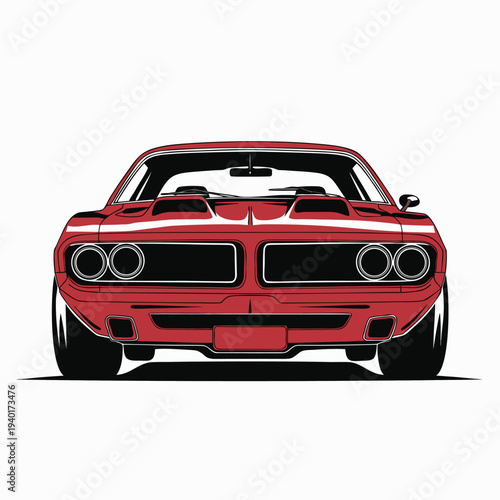 Vintage red muscle car with distinctive dual round taillights and convertible top