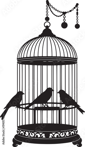 Black silhouette of an ornate birdcage with three birds perched inside and a decorative chain hanging above