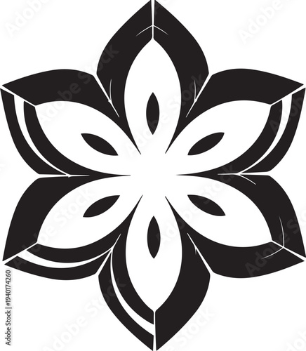 Black six petal flower abstract geometric on white background