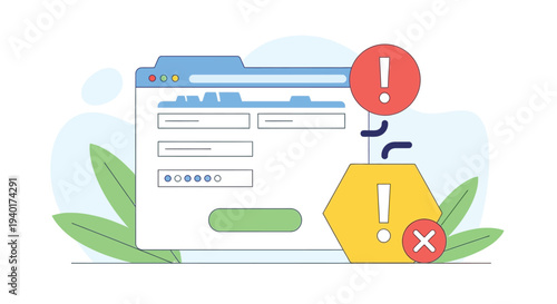 Online security warning message alert on website login page showing error notifications exclamation mark symbol and forbidden access signs in vector