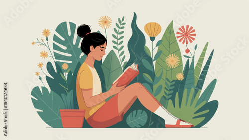 Woman reading book sitting surrounded lush greenery and vibrant flowers in garden outdoors