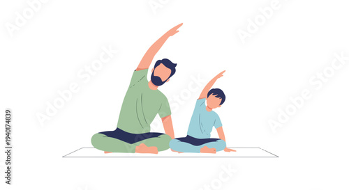 Illustration of a man and a boy sitting in a yoga pose on a mat against a white background.