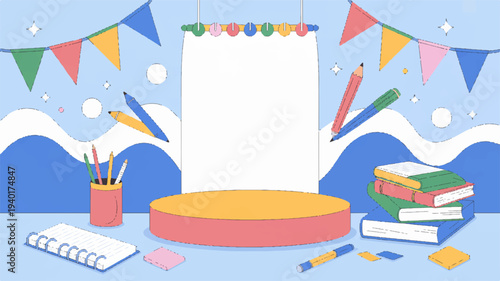 Colorful classroom desk with school supplies books and decorations festive background with bunting flags