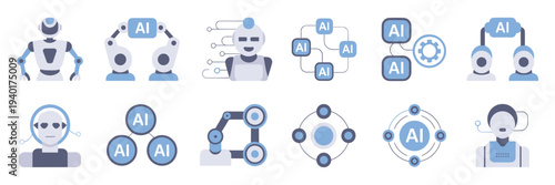 Humanoid robot coordination and AI network icons – Suitable for tech education, collaboration tools, or future tech.