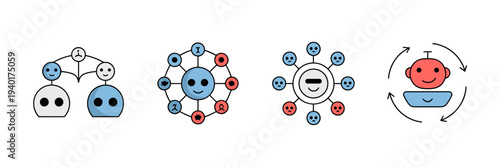 Distributed AI system and bot synchronization icons – Ideal for tech infographics, cloud architecture, or data networks.