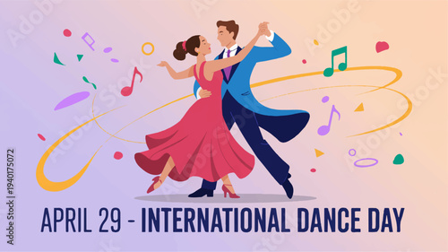 Couple dancing tango on international dance day colorful musical notes and swirls vibrant pink and blue attire festive atmosphere celebrating movement and music