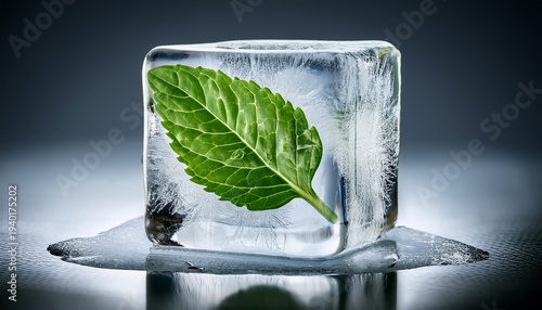 A Single Clear Ice Cube With Fresh Green Leaves Frozen Inside Representing Nature Preservation And Freshness Isolated On A Transparent Background