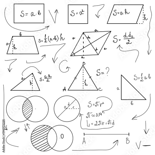 School math shapes and circles, black and white sketch. Vector illustration. Triangles, squares, and algebraic equations, formulas, and arrows isolated on a white background. Lesson and lecture notes.