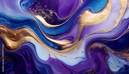 Abstract Background With Luxury Marble Swirls In Purple Golden And Blue Tones With Shimmering Dust And Glossy Effect