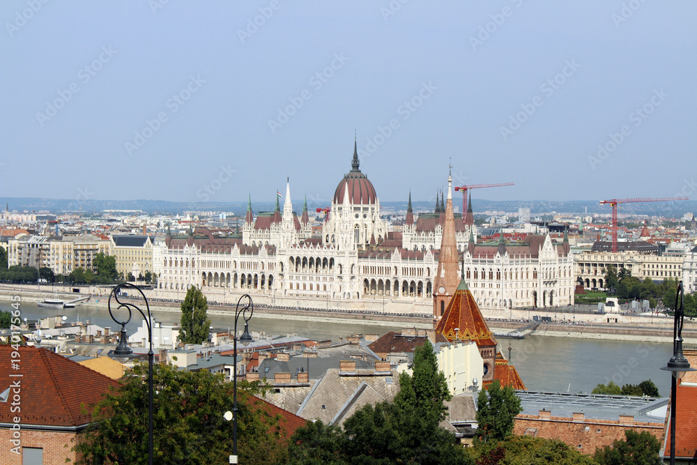 Fototapeta premium Hungarian Parliament panorama August 2024 neo-gothic landmark from Buda hill