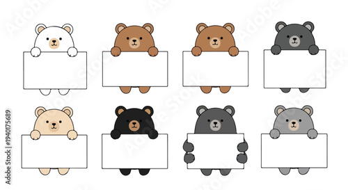 Eight cartoon bears of different colors holding blank white signs on a clean white background in a flat lay composition.