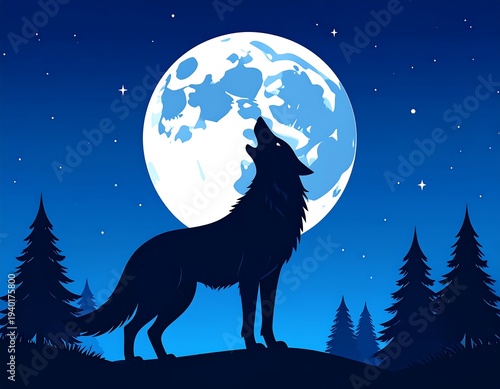 Silhouette of a wolf howling at the full moon in the night.