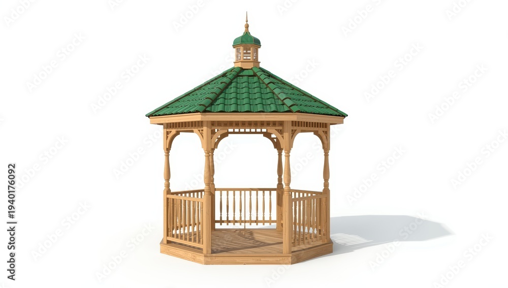 Obraz premium Small gazebo with a green tile roof set against a white background