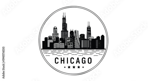 Black and white circular logo featuring the Chicago city skyline with a stylized depiction of buildings and the word 'CHICAGO' on a white background.