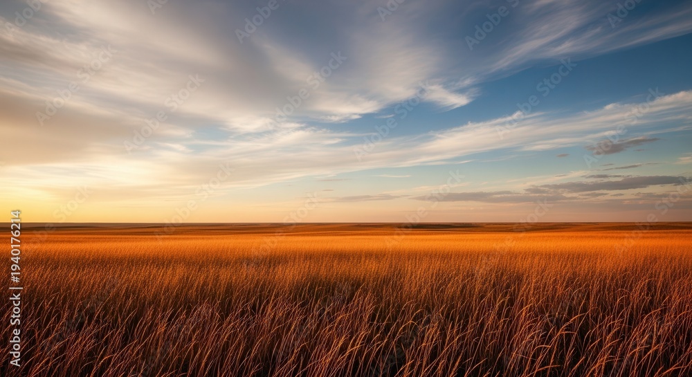Obraz premium Serene Sunset Over Expansive Gold-Tinted Prairie Landscape