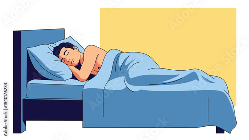 Young man sleeping peacefully in a bed with blue linens against a simple yellow background, representing rest and recovery.