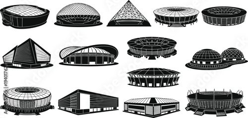 Modern stadium and arena architecture silhouettes collection sports venue building vector illustration set