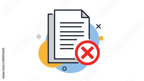 Paper document with a red cross mark overlay indicating rejection, error, cancelled application, or failed verification.