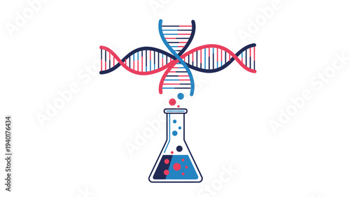 Scientific lab flask with colorful liquid and bubbles located below a double helix DNA strand representing biotechnology.