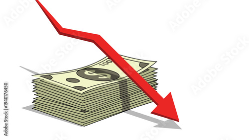 Stack of paper currency bills with a red arrow pointing downwards representing inflation, financial loss, or decreasing value.