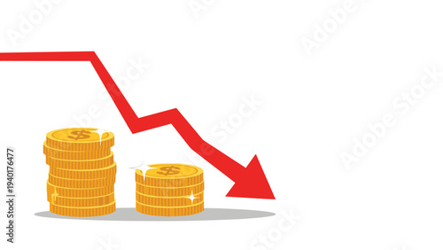 Multiple stacks of gold coins with a red arrow pointing down showing economic decline, investment loss, or falling profits.