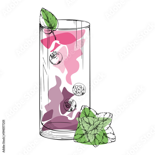 Vector Mojito Berry Twist, fruit juice or lemonade with mint sprig and berry accents in ink hand drawn highball glass. Bright colors and crisp outlines for tropical branding, web visuals, summer menu.