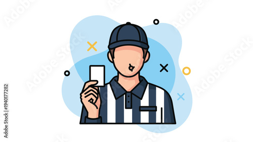 Sports referee character in a striped shirt blowing a whistle and holding a white card during a game foul or official penalty call.