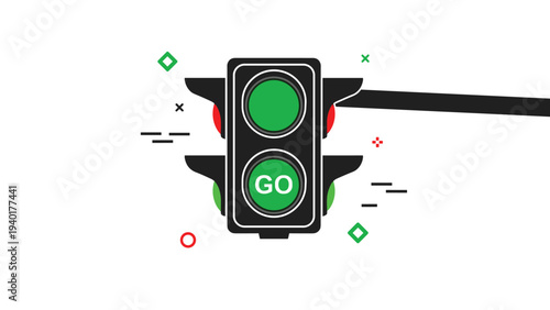 Modern traffic light signal showing a green light with the word go to represent transportation safety and moving forward in traffic.