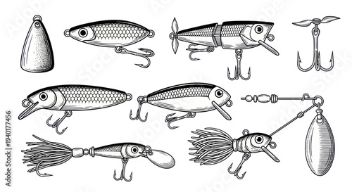 Vintage Fishing Lures Collection - Hand Drawn Sketch Style