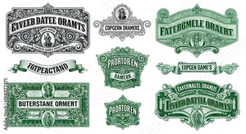 Vintage Ornamental Labels and Emblems with Intricate Engraved Details and Decorative Borders