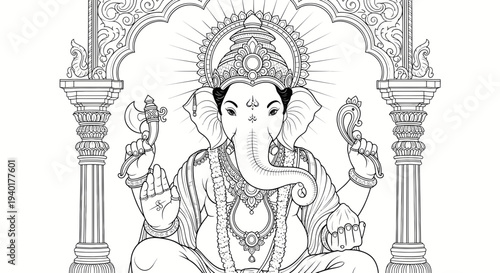 Ganesha Sitting Under Archway with Ornate Details | Hindu Deity