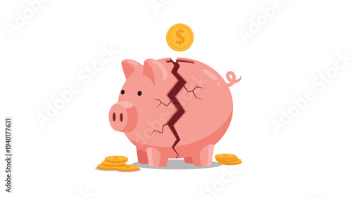 Broken pink piggy bank with cracks on its side and a gold coin being deposited symbolizing financial loss or saving challenges.