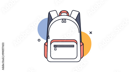 School backpack illustration in white and orange colors with blue and yellow circular accents for students heading back to school.