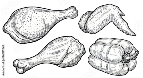 Hand-Drawn Chicken Pieces and Bell Pepper Illustration