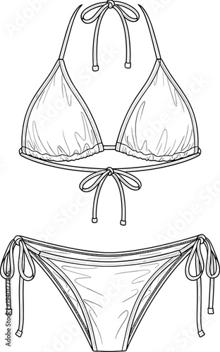 Women bikini swimsuit outline fashion technical drawing two piece beachwear design vector illustration template