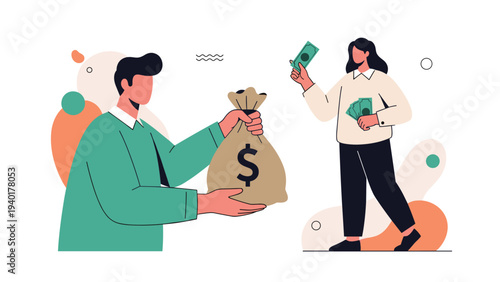 Man in a green sweater handing a bag of money to a woman holding cash representing a financial transaction or charitable donation.