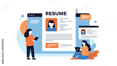 Recruitment concept featuring several tiny people working around a large resume document with profiles and text on a screen.