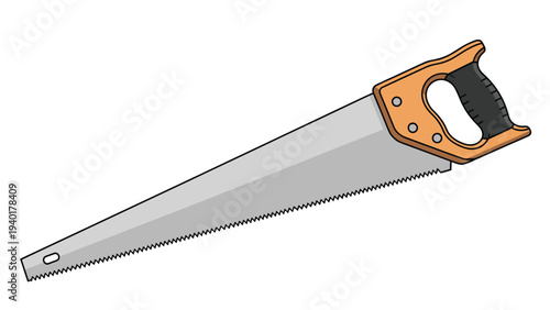 Traditional hand saw with a sharp metal blade and an orange wooden handle used for woodworking, carpentry, and construction tasks.