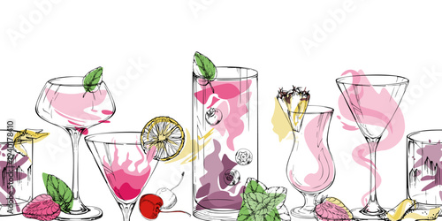Strawberry daiquiri, Cosmopolitan, Berry Mojito Twist cocktails, creamy milkshake. Vector seamless ribbon with ink outline. Hand drawn for social templates, digital modules, menu strips, product wraps