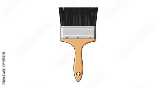Professional paint brush with a light wooden handle and thick black bristles used for painting walls and home renovation projects.