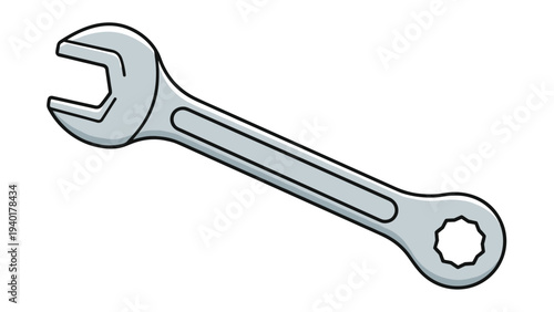 Silver combination wrench tool with an open end and a box end used for mechanical repairs, plumbing, and automotive maintenance.