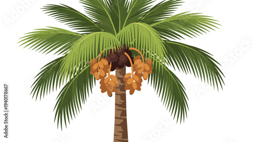 Tall date palm tree with clusters of brown ripe dates hanging from the branches against a plain white background for nature.