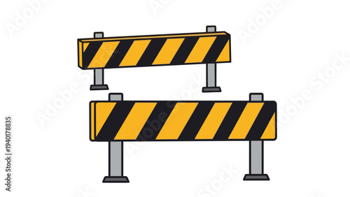 Pair of yellow and black striped construction road barriers used for safety and traffic control in work zones.