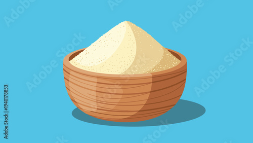 Small wooden bowl filled with a heap of white granular powder like sugar, salt, or flour used in cooking and baking ingredients.