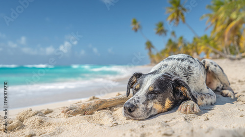 A relaxed dog sleeps peacefully on a sandy beach near the ocean