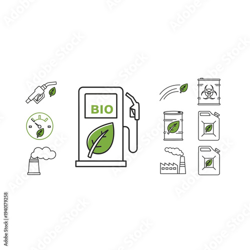Bio fuel pump with leaf and icons representing eco friendly energy sources