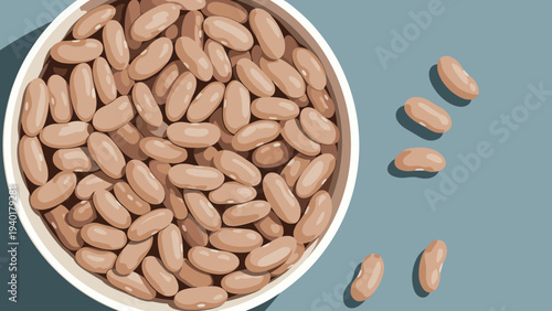 Top-down view of a ceramic bowl filled with brown pinto beans against a plain and minimalist solid blue surface.