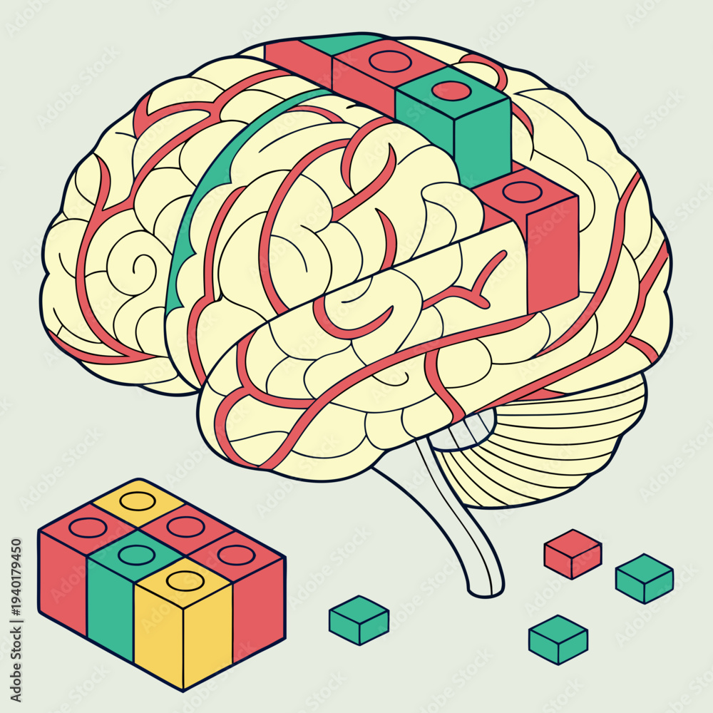Obraz premium Brain with building blocks representing modular thinking and cognitive processes.