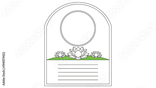 Simple line drawing of a memorial tombstone or arched frame decorated with elegant blooming lotus flowers.